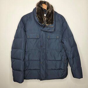 Barneys New York Mens Blue Downfilled Fur Collar Hooded Coat Size XL Heavy Warm